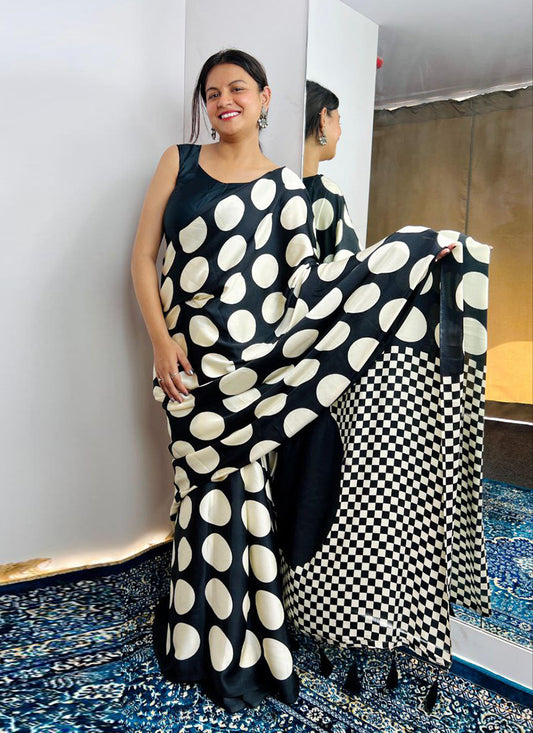 Black Original Japan Devsena satin Saree Japan Satin Digital Print Blouse