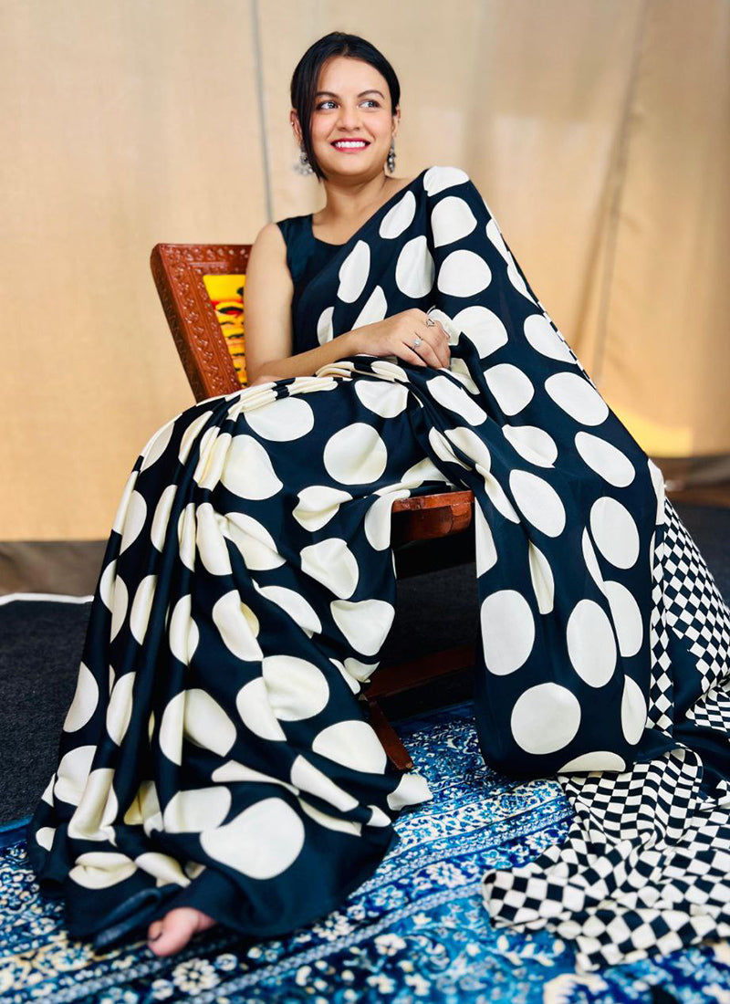 Black Original Japan Devsena satin Saree Japan Satin Digital Print Blouse