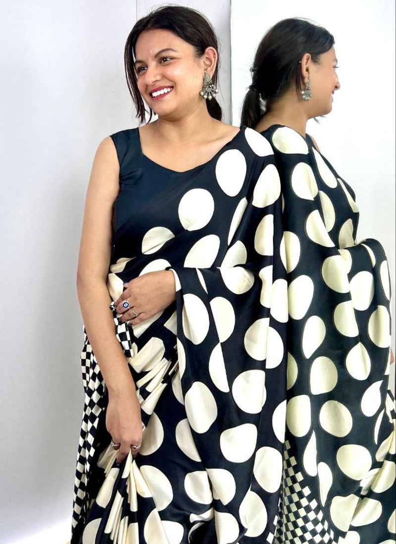 Black Original Japan Devsena satin Saree Japan Satin Digital Print Blouse