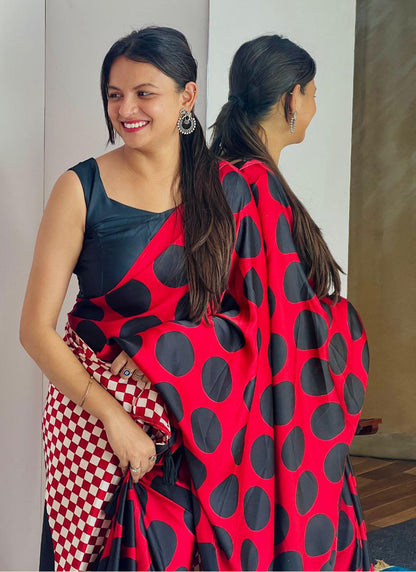 Red Original Japan Devsena satin Saree Japan Satin Digital Print Blouse