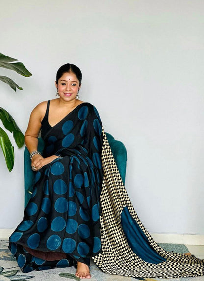 Black Original Japan Devsena satin Saree Japan Satin Digital Print Blouse