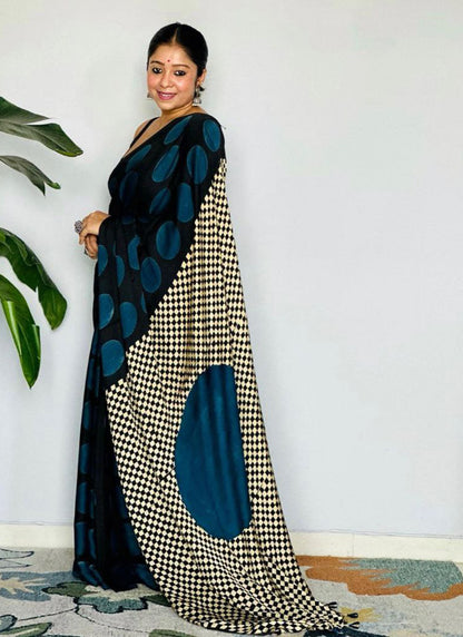 Black Original Japan Devsena satin Saree Japan Satin Digital Print Blouse