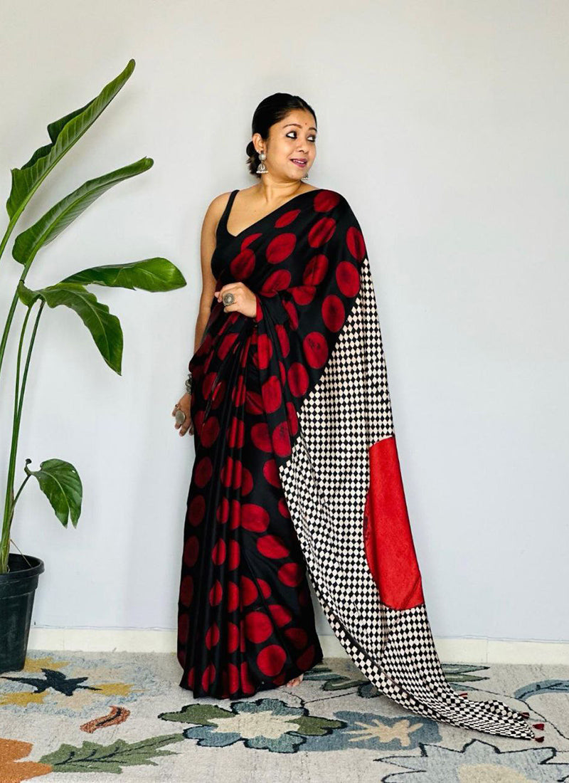 Black Original Japan Devsena satin Saree Japan Satin Digital Print Blouse