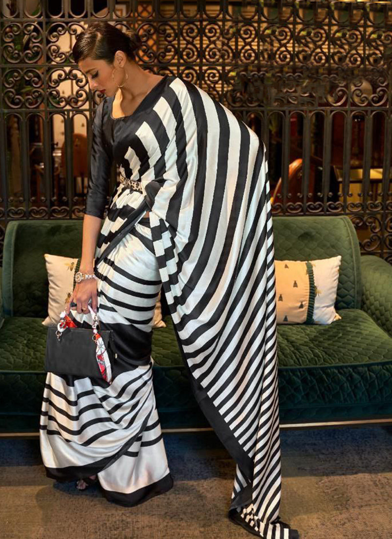 White Original Japan Devsena satin Saree Japan Satin Digital Print Blouse