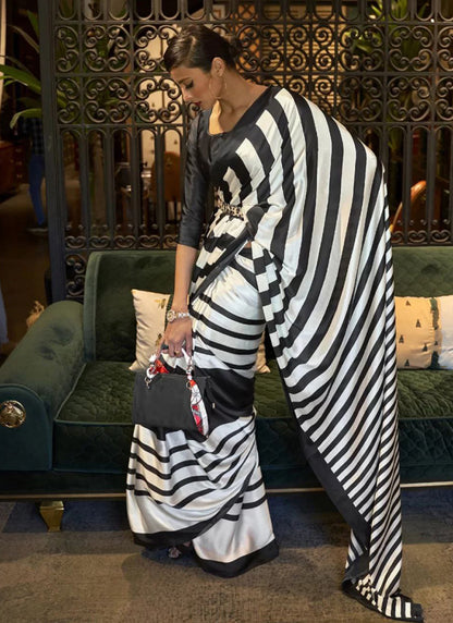 White Original Japan Devsena satin Saree Japan Satin Digital Print Blouse