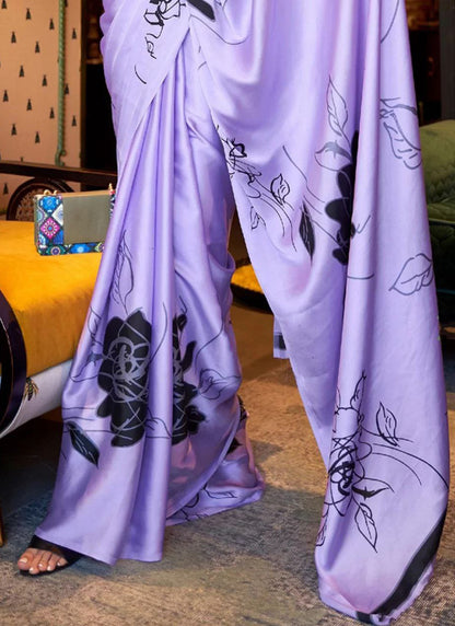 Lavender Original Japan Devsena satin Saree Japan Satin Digital Print Blouse