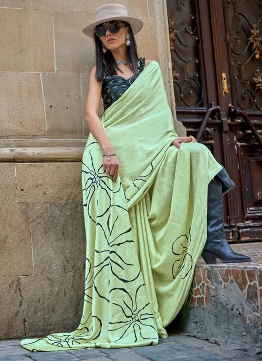 Sea Green Original Japan Devsena satin Saree Japan Satin Digital Print Blouse