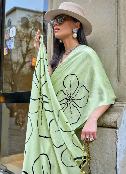 Sea Green Original Japan Devsena satin Saree Japan Satin Digital Print Blouse