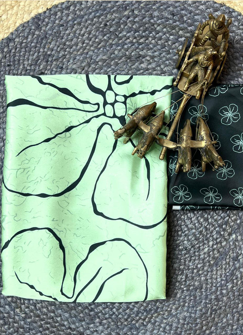 Sea Green Original Japan Devsena satin Saree Japan Satin Digital Print Blouse