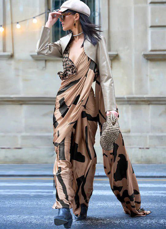 Brown Original Japan Devsena satin Saree Japan Satin Digital Print Blouse