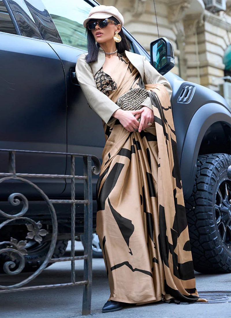 Brown Original Japan Devsena satin Saree Japan Satin Digital Print Blouse