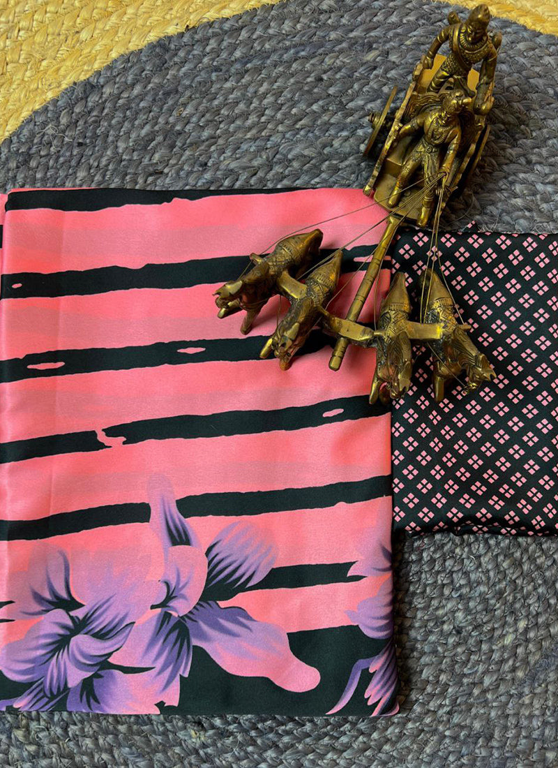 Hot Pink Original Japan Devsena satin Saree Japan Satin Digital Print Blouse