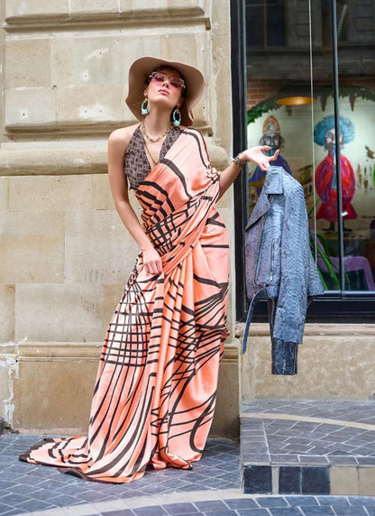 Peach Original Japan Devsena satin Saree Japan Satin Digital Print Blouse