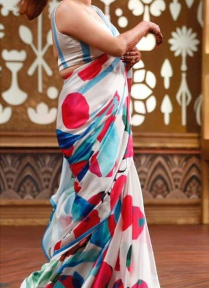 White Original Japan Devsena satin Saree Japan Satin Digital Print Blouse