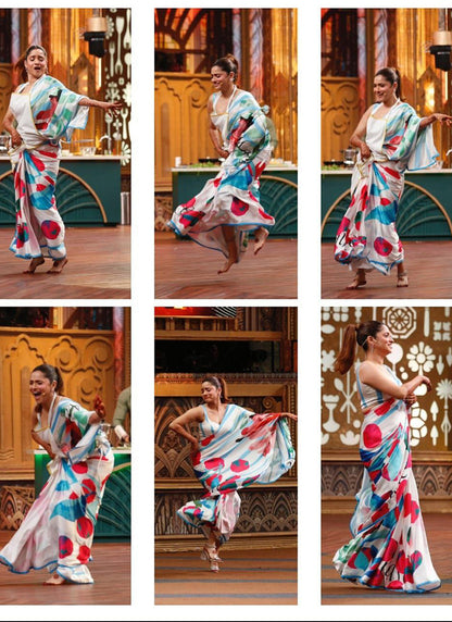 White Original Japan Devsena satin Saree Japan Satin Digital Print Blouse