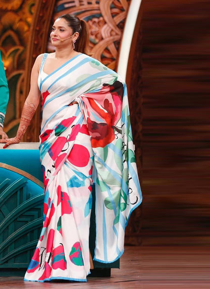 White Original Japan Devsena satin Saree Japan Satin Digital Print Blouse