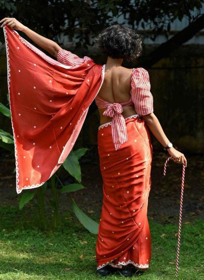 Red Original Japan Devsena satin Saree Japan Satin Digital Print Blouse