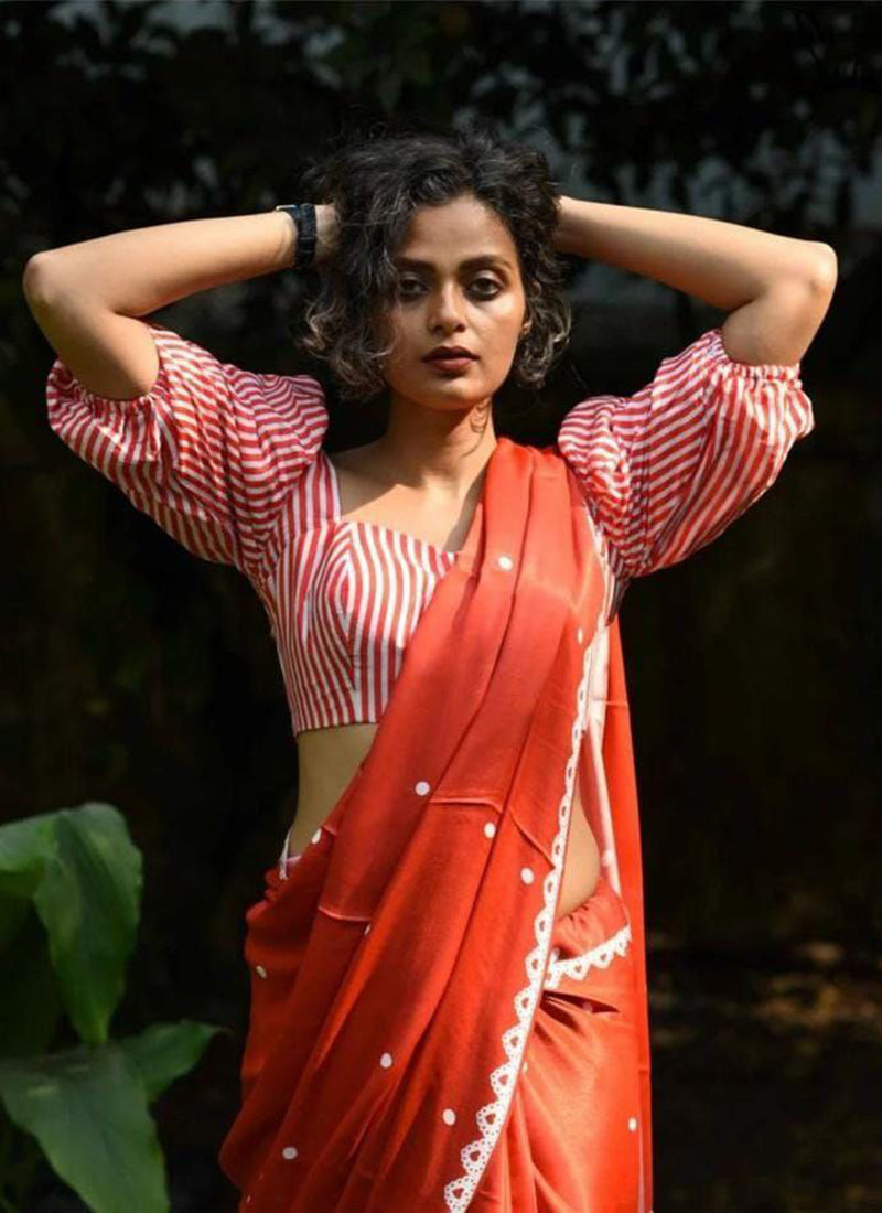 Red Original Japan Devsena satin Saree Japan Satin Digital Print Blouse