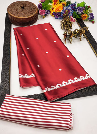 Red Original Japan Devsena satin Saree Japan Satin Digital Print Blouse