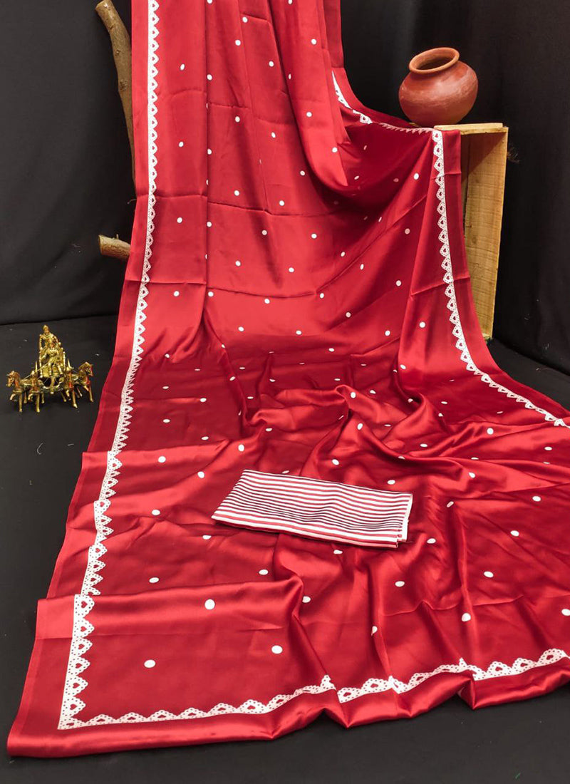 Red Original Japan Devsena satin Saree Japan Satin Digital Print Blouse