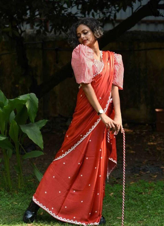 Red Original Japan Devsena satin Saree Japan Satin Digital Print Blouse