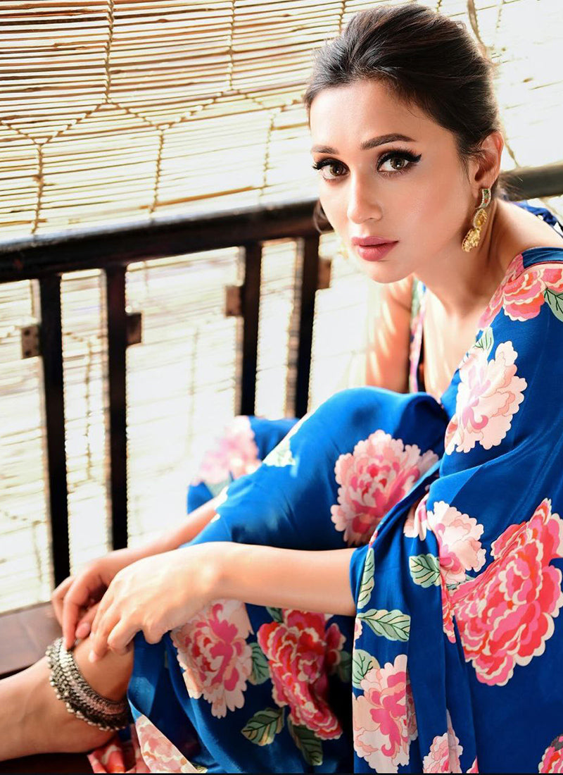 Blue Original Japan Devsena satin Saree Japan Satin Digital Print Blouse