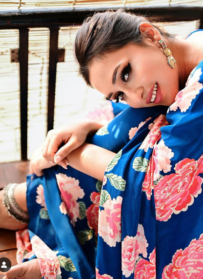 Blue Original Japan Devsena satin Saree Japan Satin Digital Print Blouse