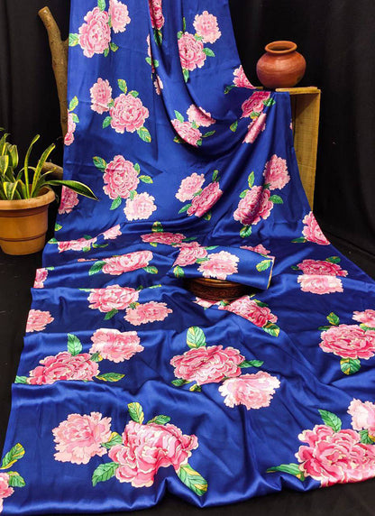 Blue Original Japan Devsena satin Saree Japan Satin Digital Print Blouse