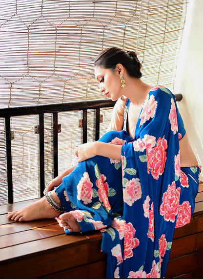 Blue Original Japan Devsena satin Saree Japan Satin Digital Print Blouse