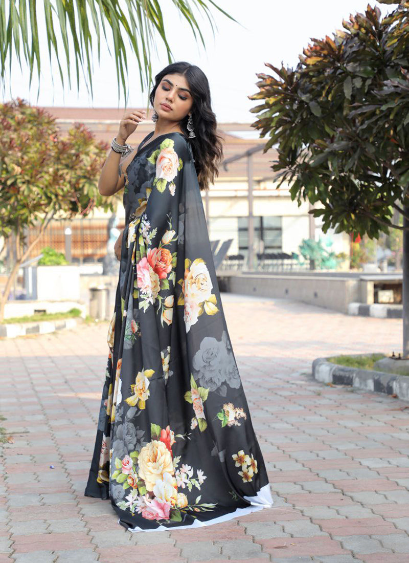 Black Original Japan Devsena satin Saree Japan Satin Digital Print Blouse