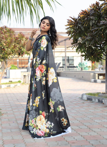 Black Original Japan Devsena satin Saree Japan Satin Digital Print Blouse