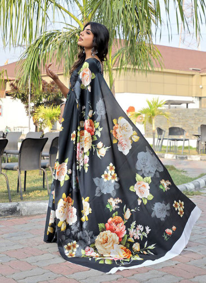 Black Original Japan Devsena satin Saree Japan Satin Digital Print Blouse