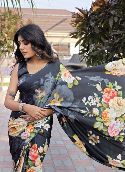Black Original Japan Devsena satin Saree Japan Satin Digital Print Blouse