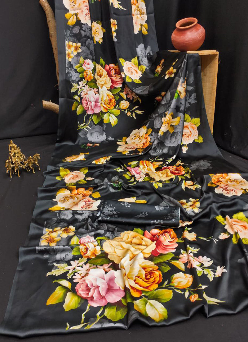 Black Original Japan Devsena satin Saree Japan Satin Digital Print Blouse