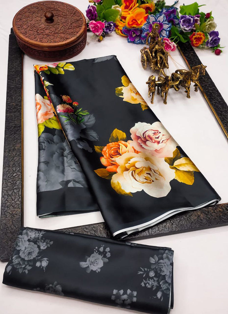 Black Original Japan Devsena satin Saree Japan Satin Digital Print Blouse