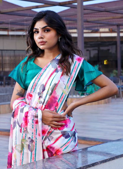 White Original Japan Devsena satin Saree Japan Satin Digital Print Blouse