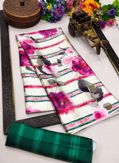 White Original Japan Devsena satin Saree Japan Satin Digital Print Blouse