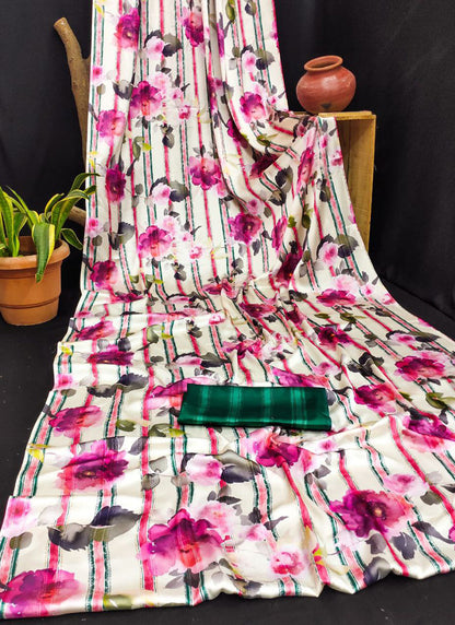 White Original Japan Devsena satin Saree Japan Satin Digital Print Blouse