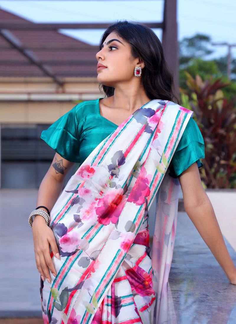 White Original Japan Devsena satin Saree Japan Satin Digital Print Blouse