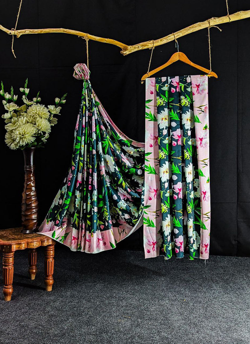 Black Original Japan Devsena satin Saree Japan Satin Digital Print Blouse