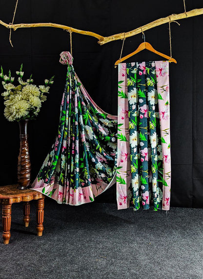 Black Original Japan Devsena satin Saree Japan Satin Digital Print Blouse