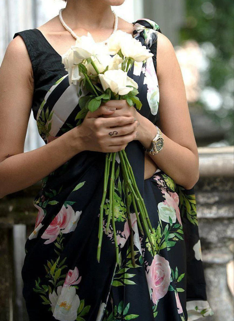 Black Original Japan Devsena satin Saree Japan Satin Digital Print Blouse