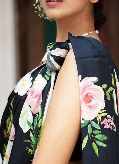 Black Original Japan Devsena satin Saree Japan Satin Digital Print Blouse