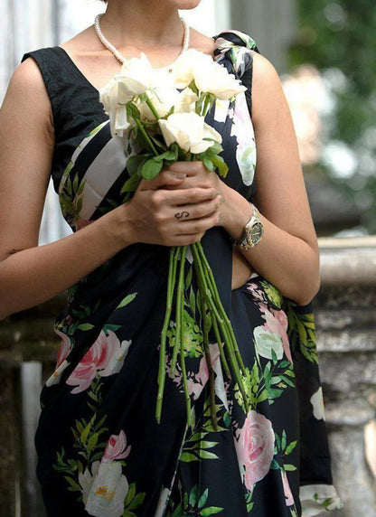 Black Original Japan Devsena satin Saree Japan Satin Digital Print Blouse