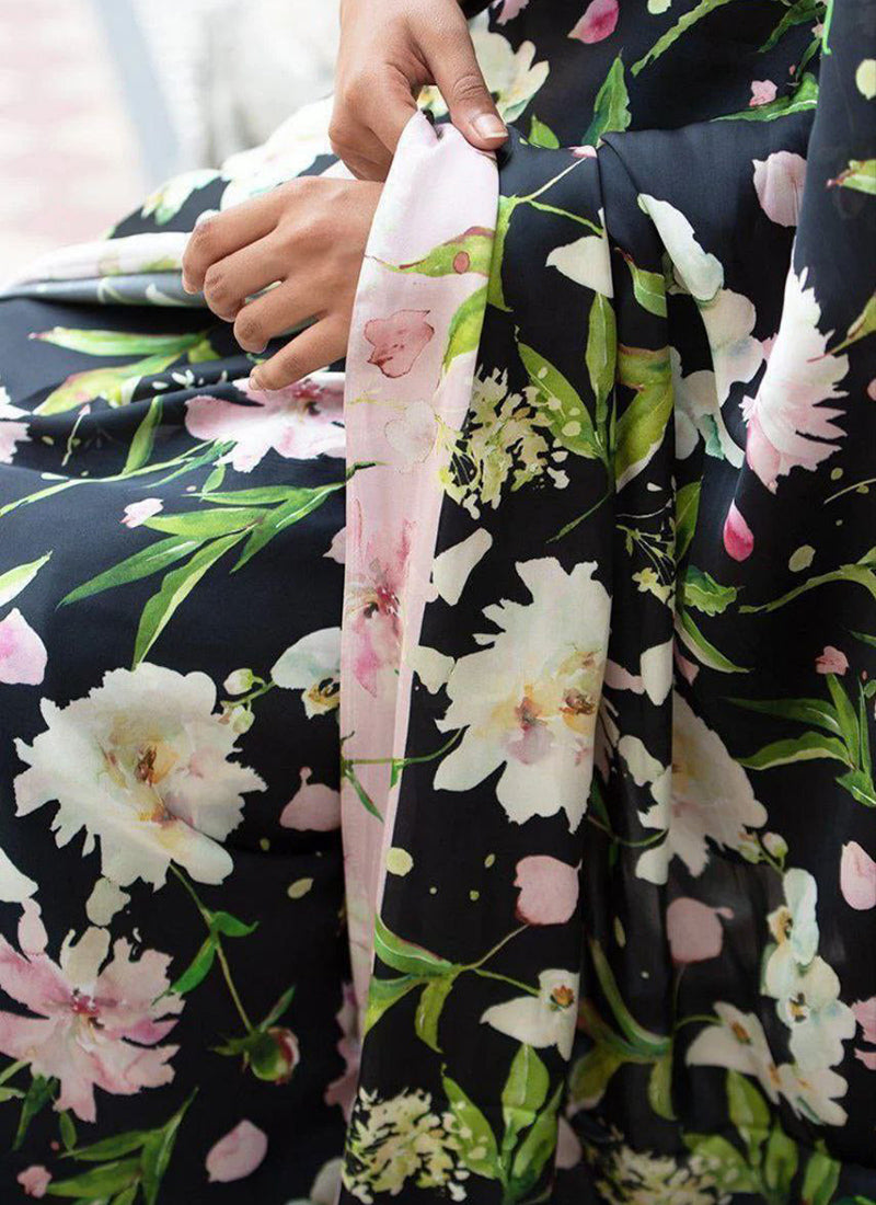 Black Original Japan Devsena satin Saree Japan Satin Digital Print Blouse