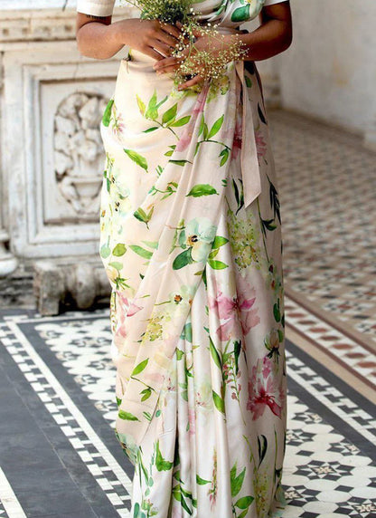 White Original Japan Devsena satin Saree Japan Satin Digital Print Blouse