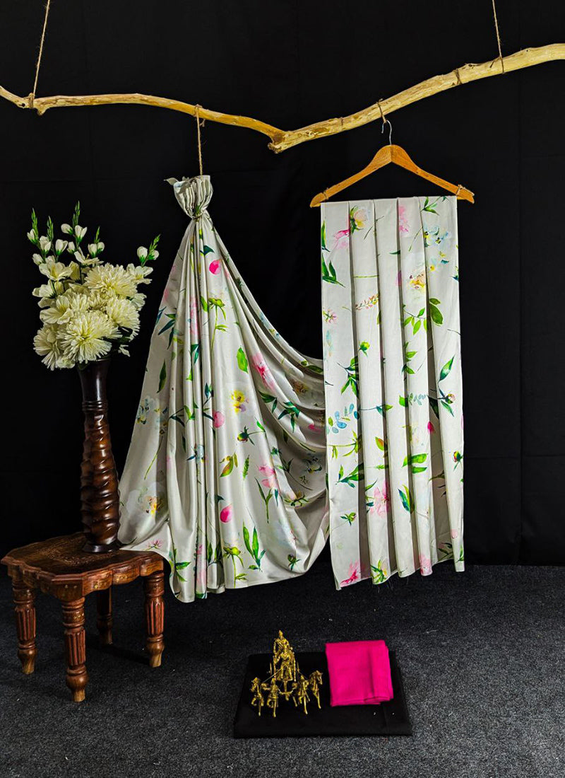 White Original Japan Devsena satin Saree Japan Satin Digital Print Blouse