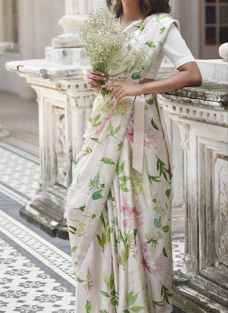 White Original Japan Devsena satin Saree Japan Satin Digital Print Blouse