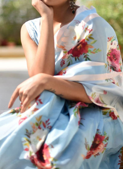 Light Blue Original Japan Devsena satin Saree Japan Satin Digital Print Blouse