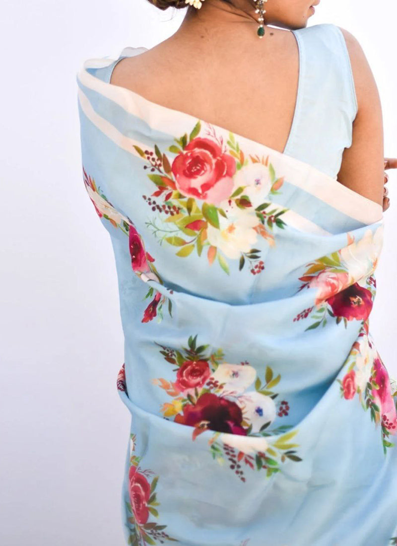 Light Blue Original Japan Devsena satin Saree Japan Satin Digital Print Blouse